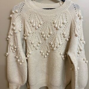 En Creme Ivory Sweater with Pom-Pom Accents